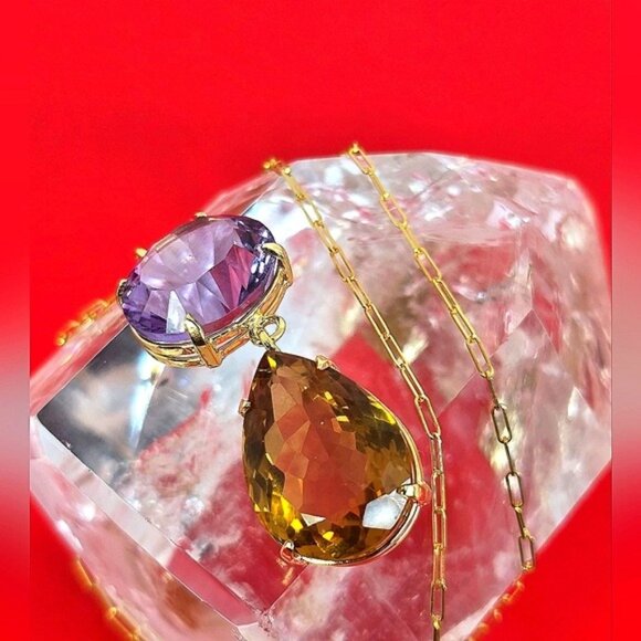 925 Sterling Silver Necklace 14K Gold Pl with Natural Amethyst & Honey Quartz - Picture 3 of 12